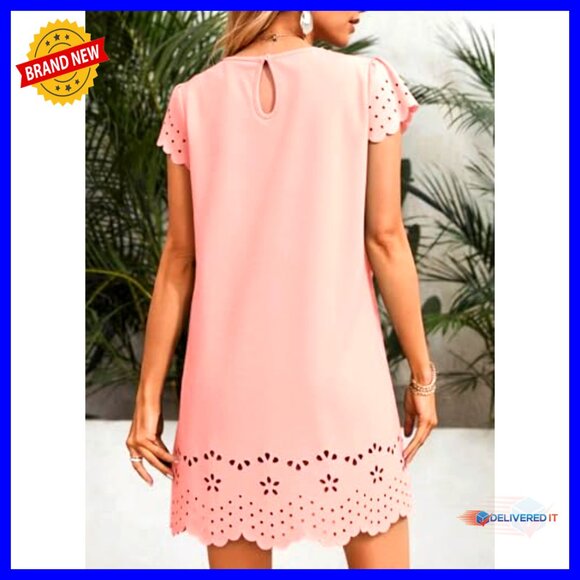 Short Sleeve Pleated Mini Dress Hollow Out Embroidery Casual Elegant Summer - Picture 2 of 7